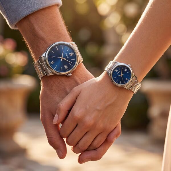 Wedding Gift Couple Watches with Roman Dial showcase on couple wrists