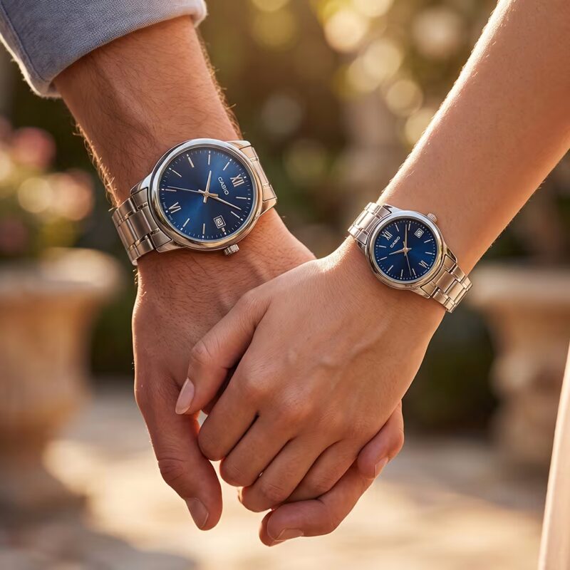 Wedding Gift Couple Watches with Roman Dial showcase on couple wrists
