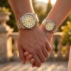 Casio Silver Gold Couple Watches for Wedding Gifts showcased on couple wrists