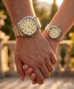 Casio Silver Gold Couple Watches for Wedding Gifts showcased on couple wrists