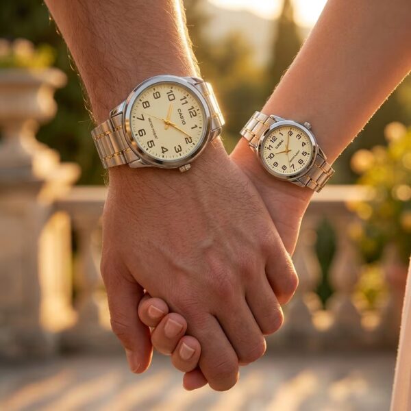 Casio Silver Gold Couple Watches for Wedding Gifts showcased on couple wrists