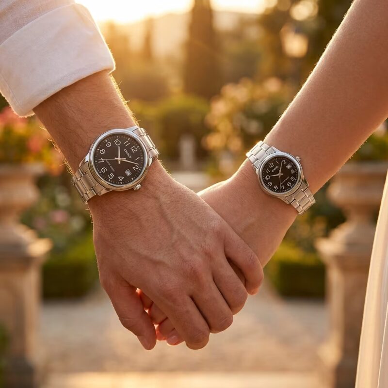 Casio Anniversary Gift Watch Set for Couples showcased on couple wrists