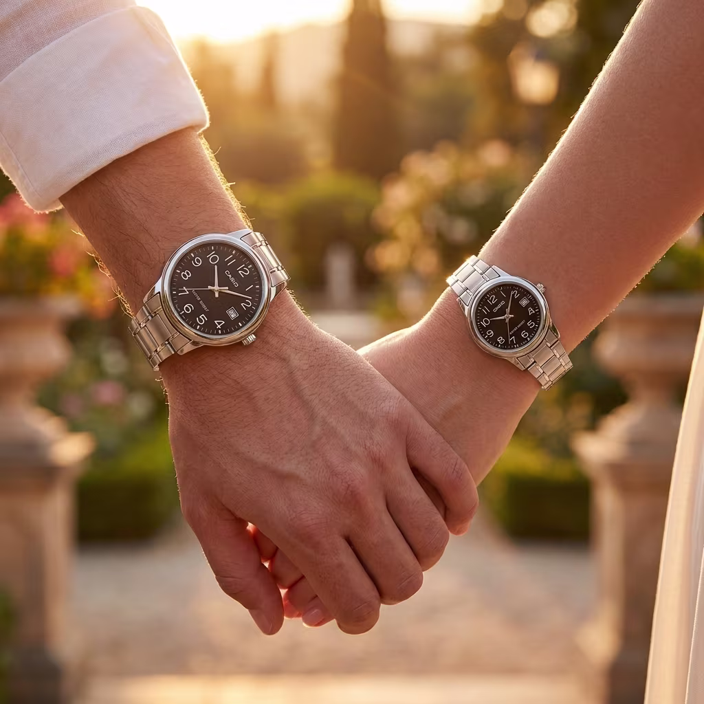 Casio Anniversary Gift Watch Set for Couples showcased on couple wrists
