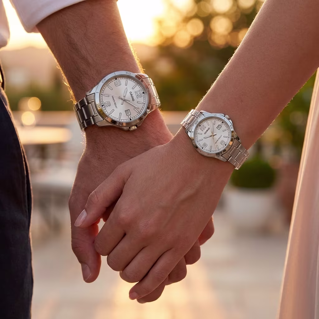 Casio Silver Couple Watch Set with Date Display for Anniversary - Image 2