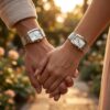 Original Casio Silver Tank Style Couple Watches showcased on couple wirsts