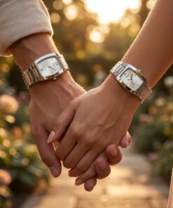 Original Casio Silver Tank Style Couple Watches showcased on couple wirsts