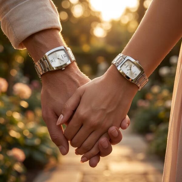 Original Casio Silver Tank Style Couple Watches showcased on couple wirsts