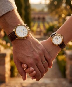 Original Casio Brown Leather Couple Watch Set on a couple wrists shot