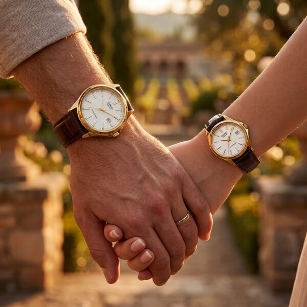 Original Casio Brown Leather Couple Watch Set on a couple wrists shot