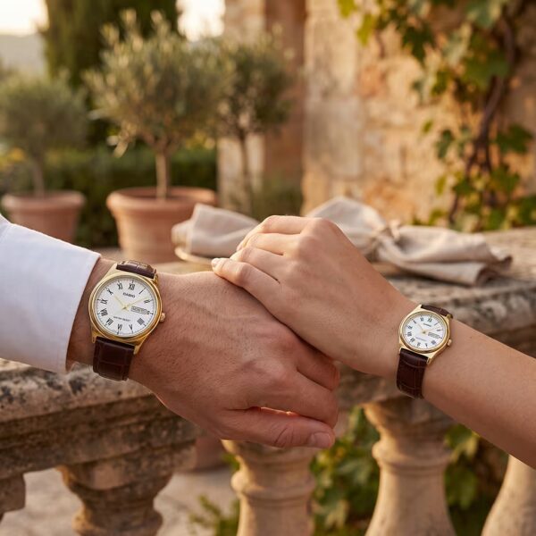 Luxury Casio Couple Watch Set with Brown Leather Strap showcase on couple wrists