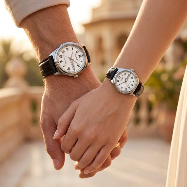 Alternative view of Casio White Roman Dial Black Leather Couple Watch Set Pakistan