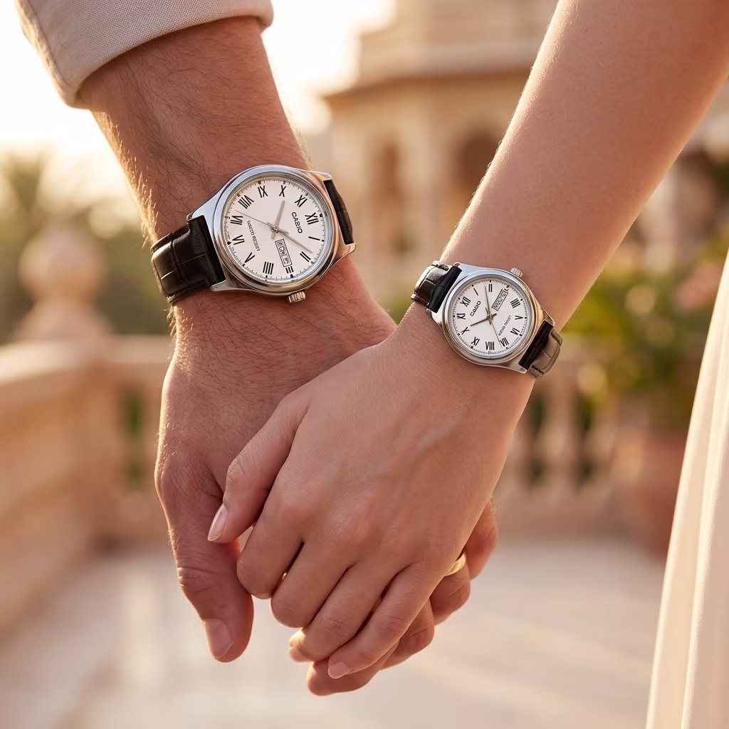 Casio White Roman Dial Black Leather Couple Watch Set Pakistan - Image 2
