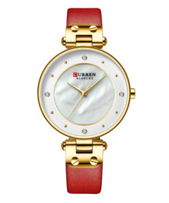 curren 9056 red leather strap white dial ladies analog wrist watch