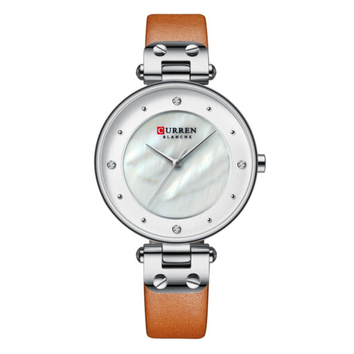 curren 9056 light brown leather strap white simple analog dial ladies hand watch