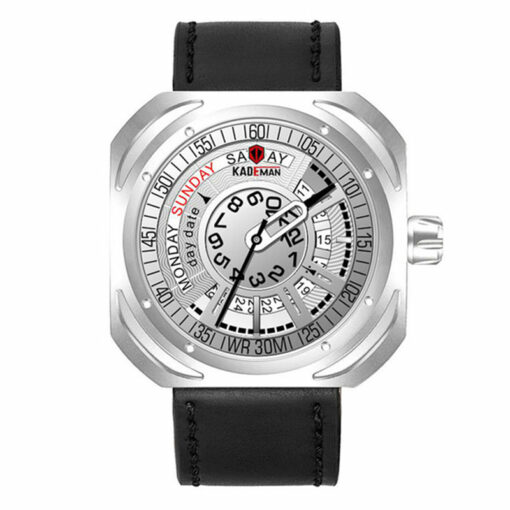 kademan 663 black leather strap white mens analog dial wrist watch