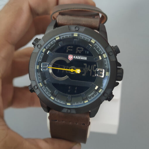 kademan-K009 brown leather strap black dial men's analog digital quartz watch