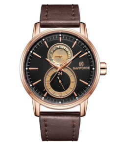 Naviforce nf3005 brown leather band black multi hand dial mens wrist watch