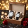 Premium Leather Couple Wrist Watch Set by Casio in a premium wooden gift box