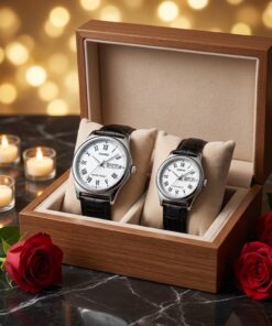Premium Leather Couple Wrist Watch Set by Casio in a premium wooden gift box