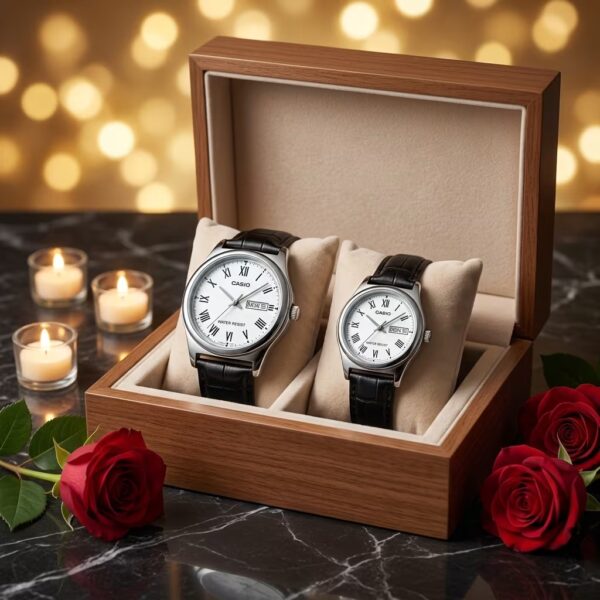 Premium Leather Couple Wrist Watch Set by Casio in a premium wooden gift box