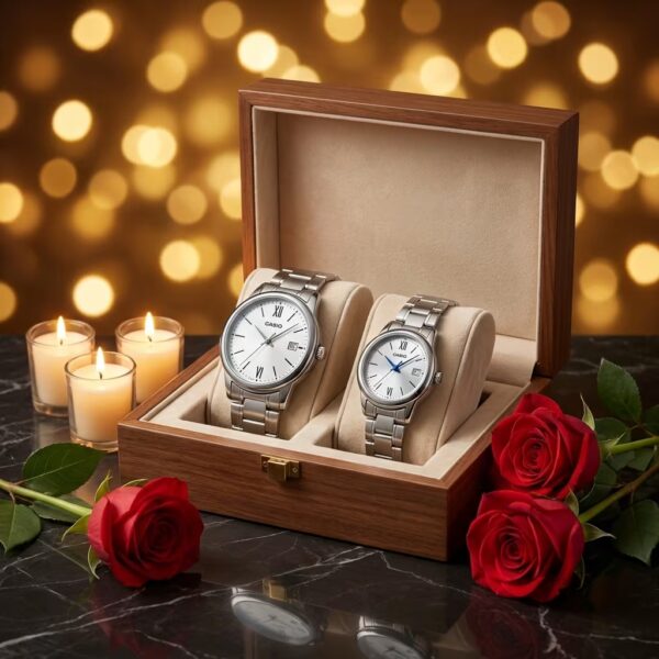 Casio White Dial Silver Stainless Steel Couple Watch Set Pakistan - Image 3
