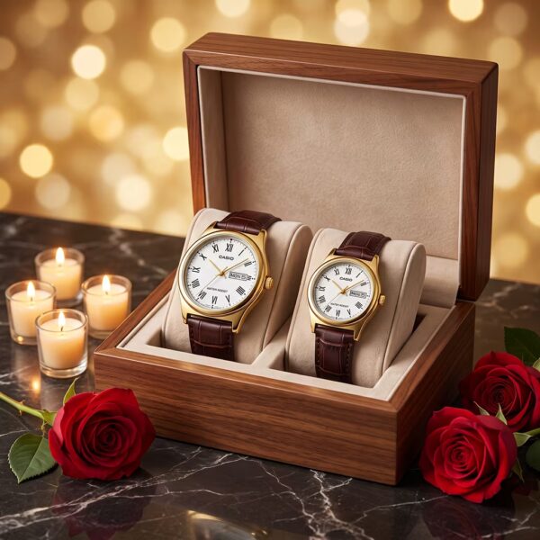 Brown Leather Wedding & Anniversary Gift Watch Set Pakistan - Image 3