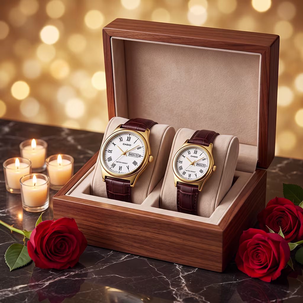 Brown Leather Wedding & Anniversary Gift Watch Set Pakistan - Image 3