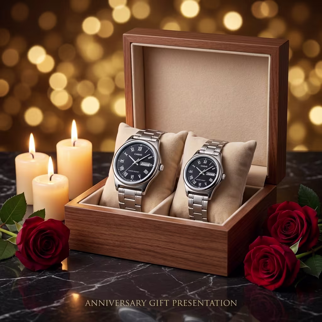 Casio Roman Dial Anniversary Gift Watch Set for Couples - Image 3