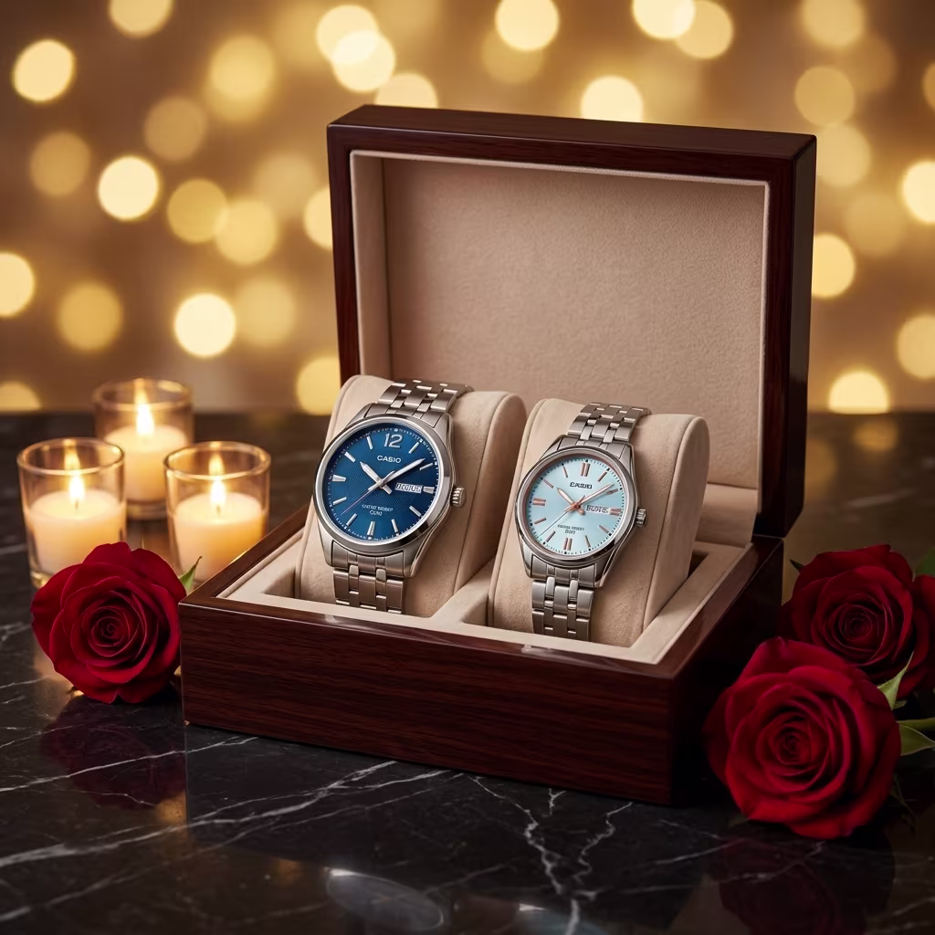 Original Casio Blue Dial Couple Wrist Watch Set