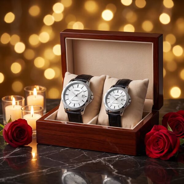 Original Casio Silver Dial Black Leather Couple Watches Pakistan - Image 3