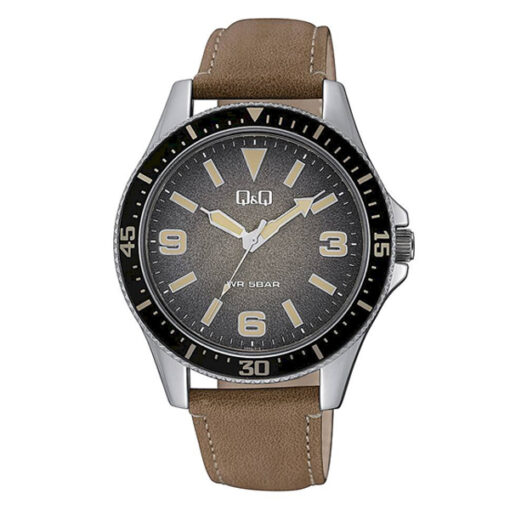 Q&Q QB64J325Y brown leather strap black dial analog watch