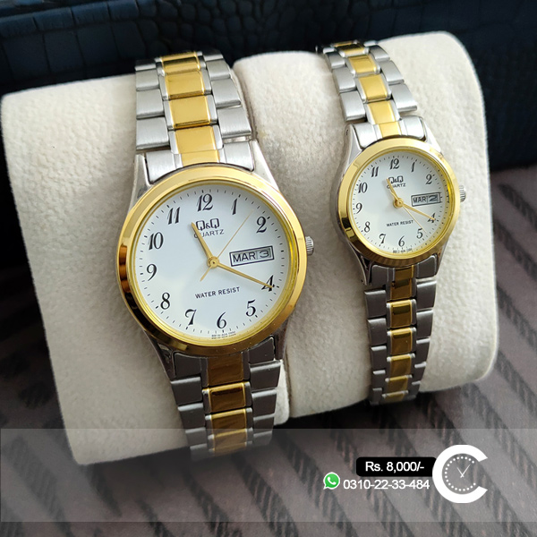 Q&Q Budget Range Couple Watch in Classic White Numeric Dial & Golden Silver Chain. Best Couple Watch for Wedding Gift, Engagement Gift & Anniversary Gift Couple Watch Set.