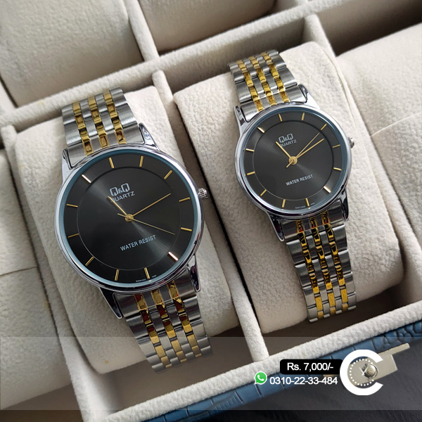 Q&Q Pair Watch For Couple in Black Simple Analog Dial & Golden Silver Chain for Wedding, Engagement, Anniversary or other Gifts. Budget Range Couple Watch by Watch Centre Pakistan.