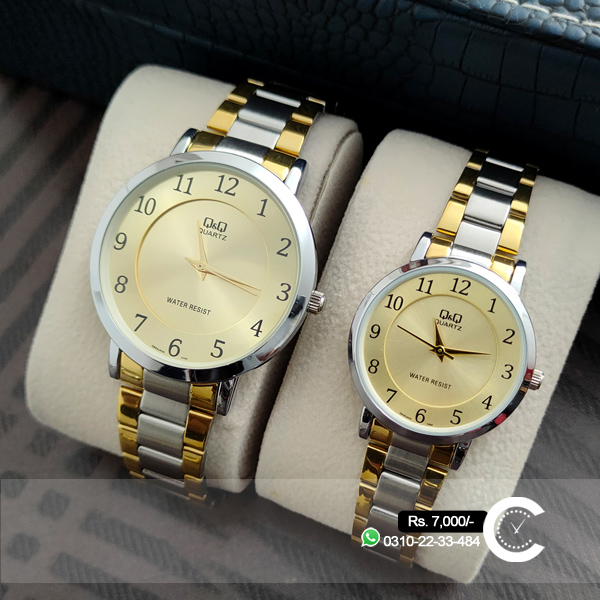 Q&Q Couple Watch for Him & Her in Golden Numeric Dial & Golden Silver Stainless Steel Chain. Couple Watch Price Rs. 7,000/- in Pakistan.