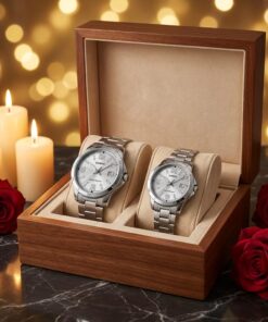 Casio Silver Couple Watch Set with Date Display in a premium gift box