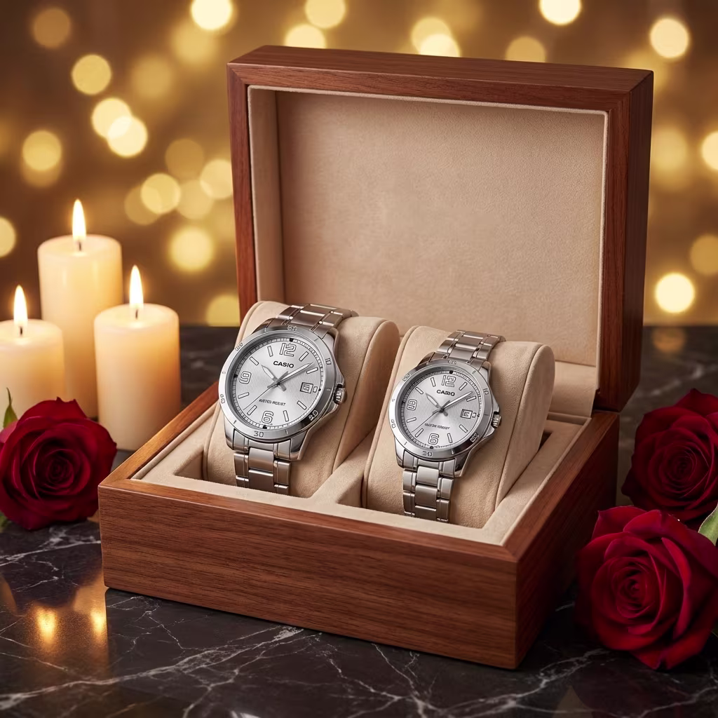 Casio Silver Couple Watch Set with Date Display in a premium gift box
