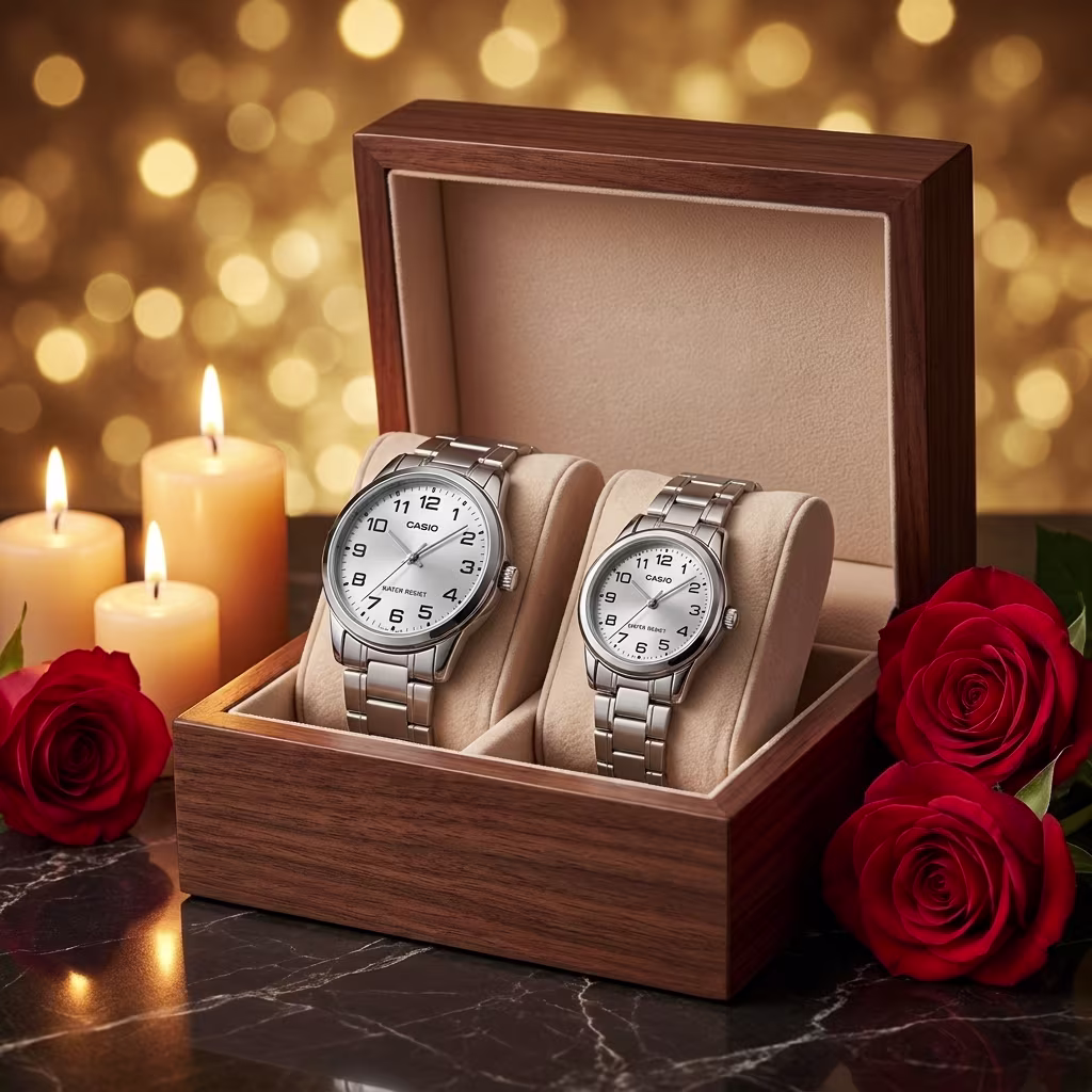 Elegant Anniversary Couple Watch Set by Casio in a premium gift box set