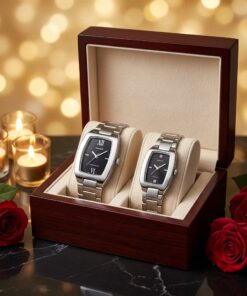 Casio Black Rectangular Couple Watch Set in a premium gift box