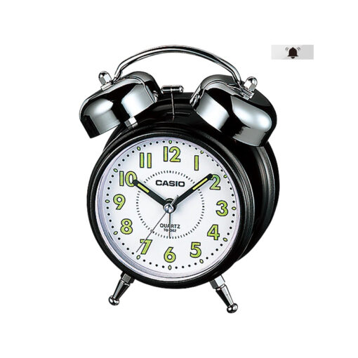 Casio TQ-362-1B black resin round shape white analog dial alarm bell clock