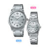 Casio Simple Silver Analog Couple Watch in Silver Steel Chain. Male Watch odel MTP-V001D-7B & Ladies Watch Model LTP-V001D-7B.