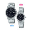 Casio Classic Black Roman Dial & Silver Steel Chain Pair Watch Desin Set for Him & Her. Budget Couple Watch with Quartz Movements & Water Resistance. Male Watch Model MTP-V002D-1B3 & Ladies Watch Model LTP-V002D-1B3.