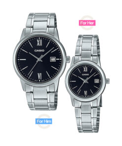 Casio Classic Black Roman Dial & Silver Steel Chain Pair Watch Desin Set for Him & Her. Budget Couple Watch with Quartz Movements & Water Resistance. Male Watch Model MTP-V002D-1B3 & Ladies Watch Model LTP-V002D-1B3.
