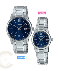 Couple Watch by Casio in Blue Roman Dial & Silver Stainless Steel. Male Watch Model MTP-V002D-2B3 & Ladies Watch Model LTP-V002D-2B3.