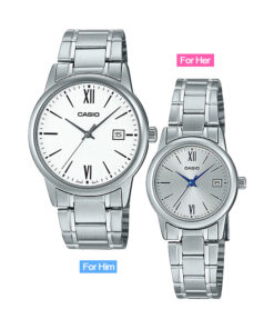Casio Classic White Roman Dial & Silver Stainless Steel Pair Watch For Couple. Men's Wrist Watch Model MTP-V002D-7B3 & Ladies Watch Model LTP-V002D-7B3.