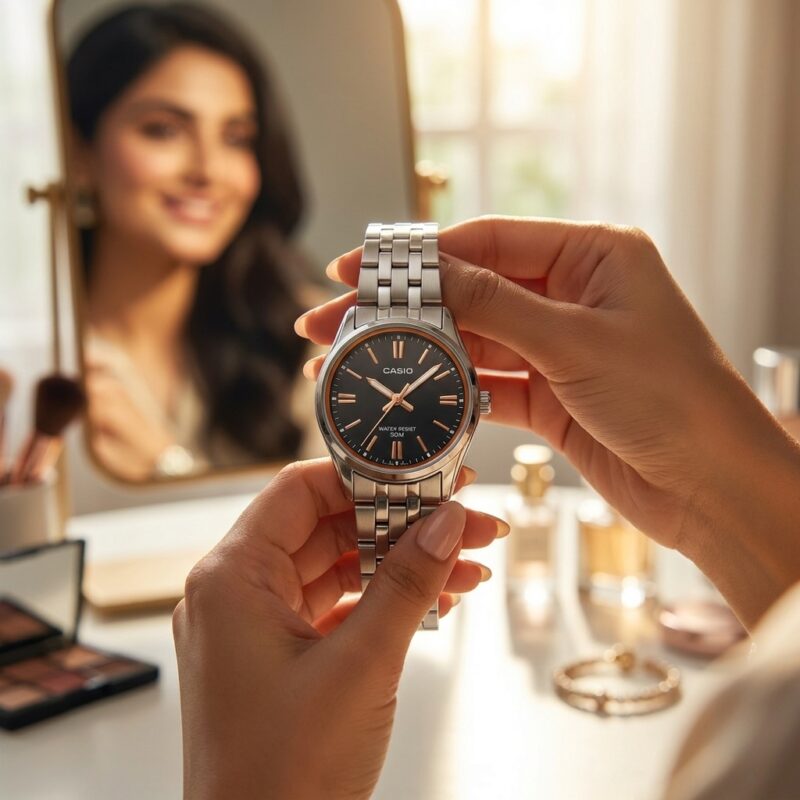 woman holding black analog bracelet watch in hand