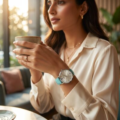 Woman wearing turquoise leather strap simple analog wrist watch