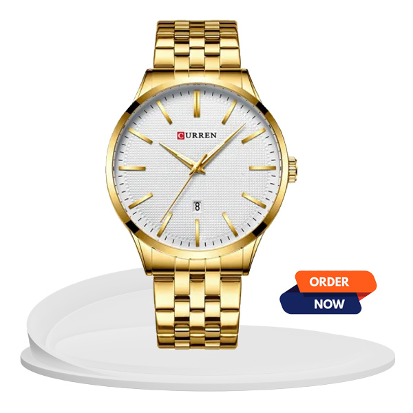 Curren 8364 golden chain & white dial men's analog dress gift watch