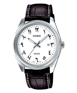 Casio MTP-1302L-7B3 black leather strap white arabic dial mens wrist watch