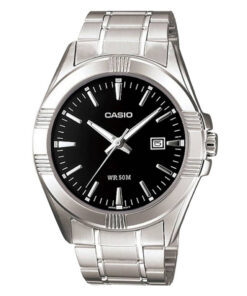 casio mtp-1308D-1A silver stainless steel black dial mens analog wrist watch