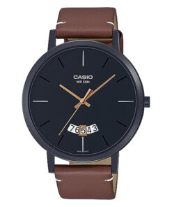 Casio MTP-B100BL-1E brown leather strap black analog dial mens casual watch
